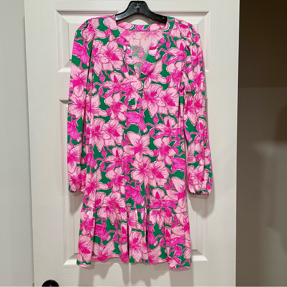 Lilly Pulitzer Alyssa Long Sleeve Dress Small Kelly Green Hibis Kiss S EUC